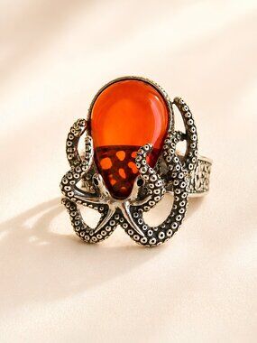 Octopus Ring With Baltic Cherry Amber- Sterling Silver